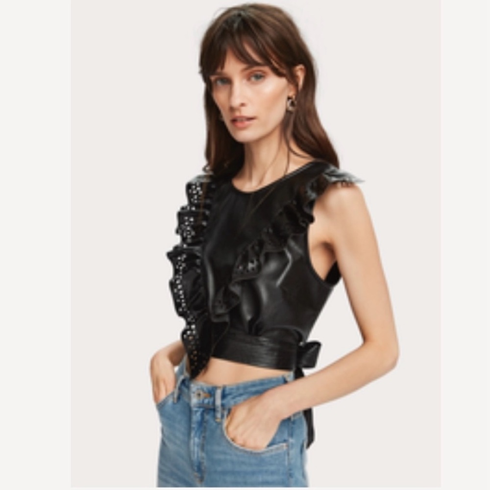 Scotch & Soda • Black Faux Leather Ruffled Shell Top • XL